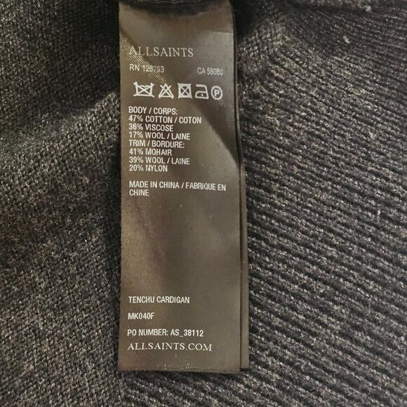 AllSaints Shawl Neck Cardigan Sweater Men Size XXL Gray Charcoal Cotton blend - Picture 12 of 12